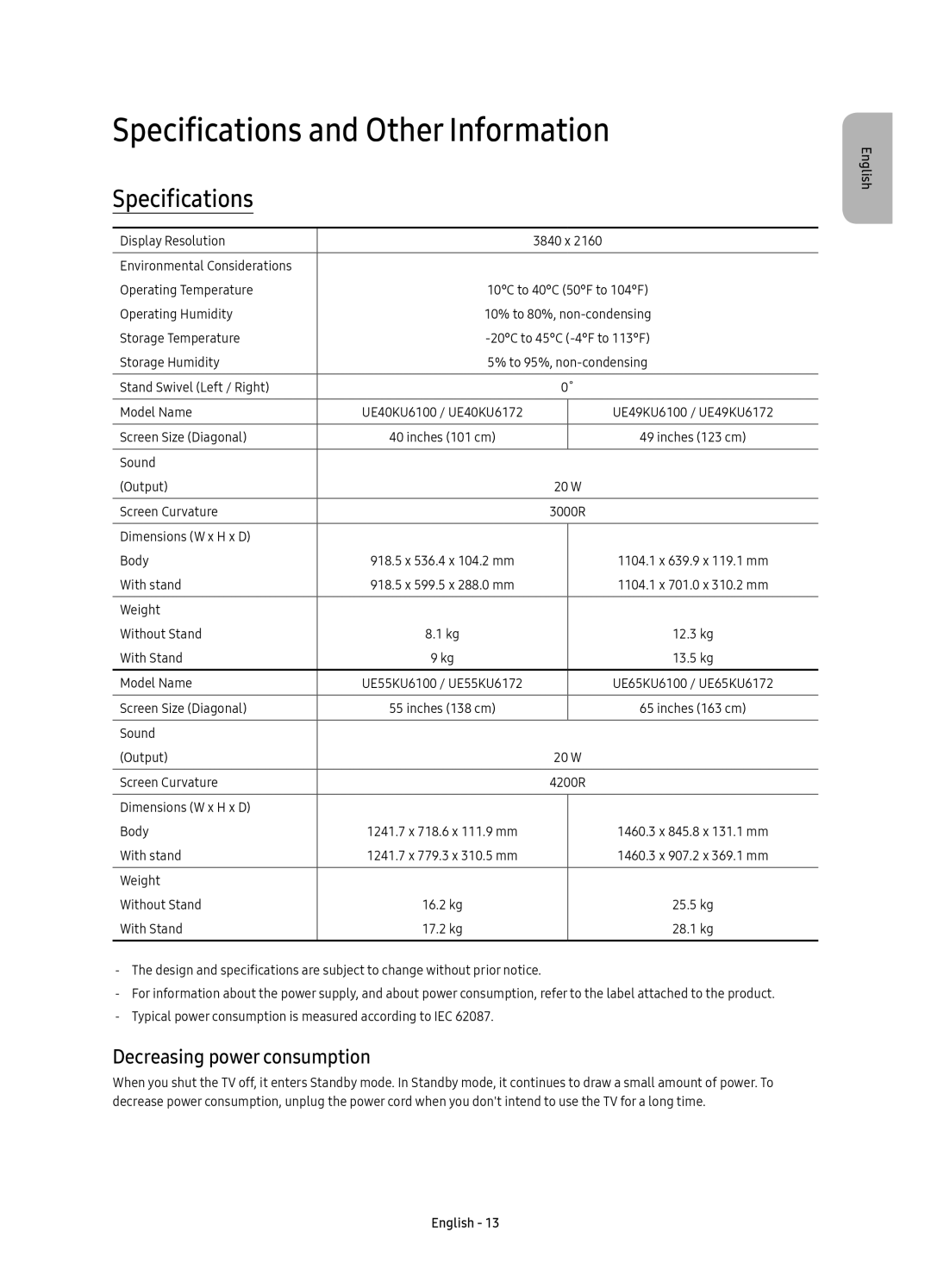 Samsung UE49KU6172UXXH, UE49KU6100WXXH, UE40KU6100WXXH Specifications and Other Information, Decreasing power consumption 