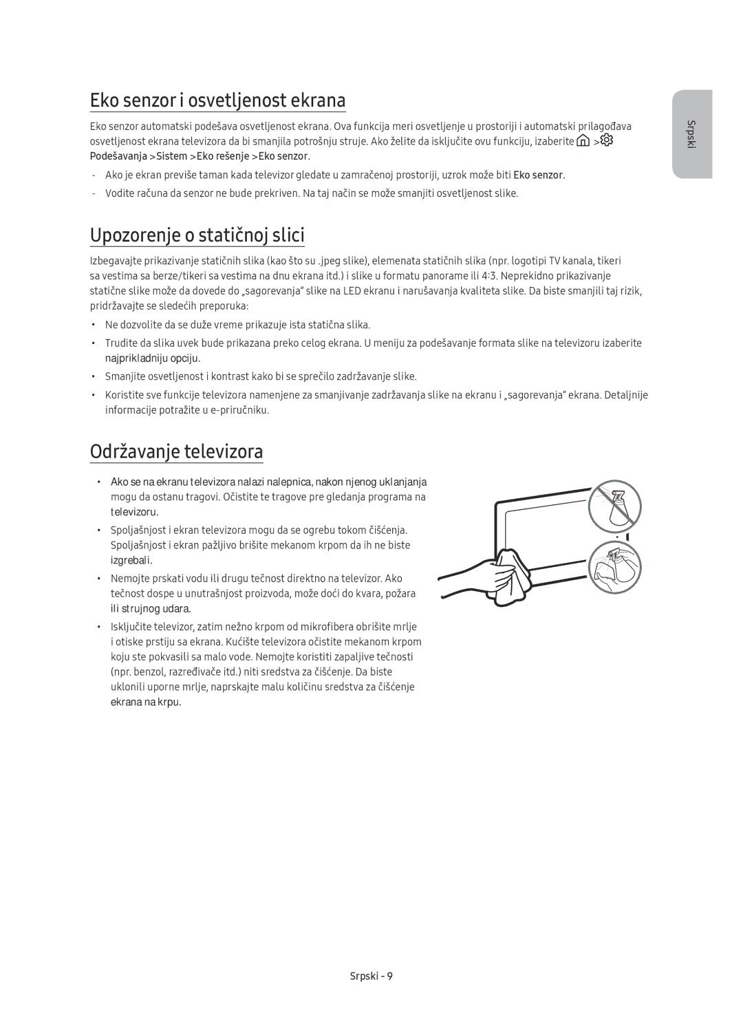 Samsung UE55KU6100WXXH manual Eko senzor i osvetljenost ekrana, Upozorenje o statičnoj slici, Održavanje televizora 