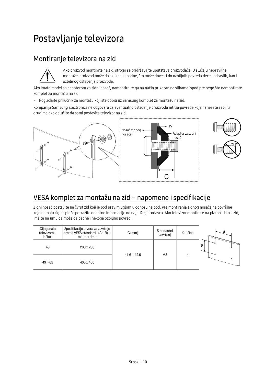 Samsung UE65KU6100WXXN manual Montiranje televizora na zid, Vesa komplet za montažu na zid napomene i specifikacije 