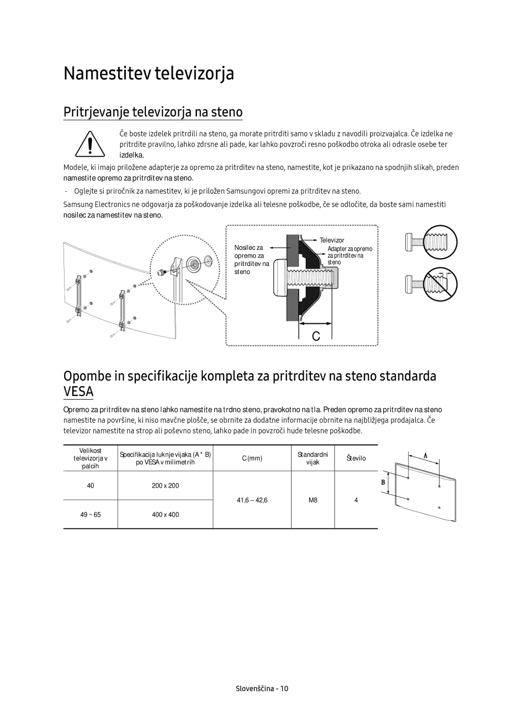 Samsung UE49KU6100WXXN, UE49KU6100WXXH, UE49KU6172UXXH manual Namestitev televizorja, Pritrjevanje televizorja na steno 