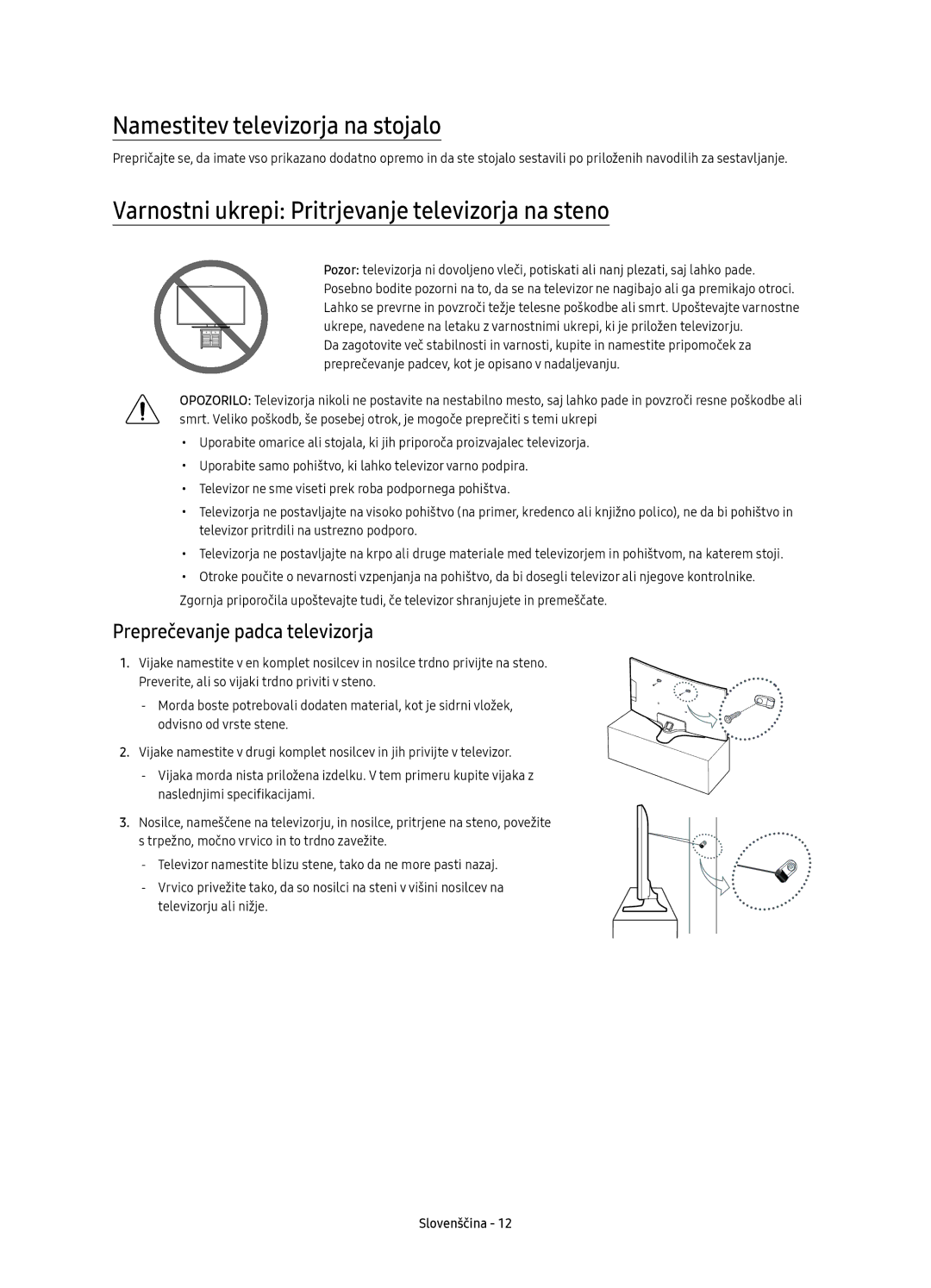 Samsung UE49KU6100WXXH manual Namestitev televizorja na stojalo, Varnostni ukrepi Pritrjevanje televizorja na steno 