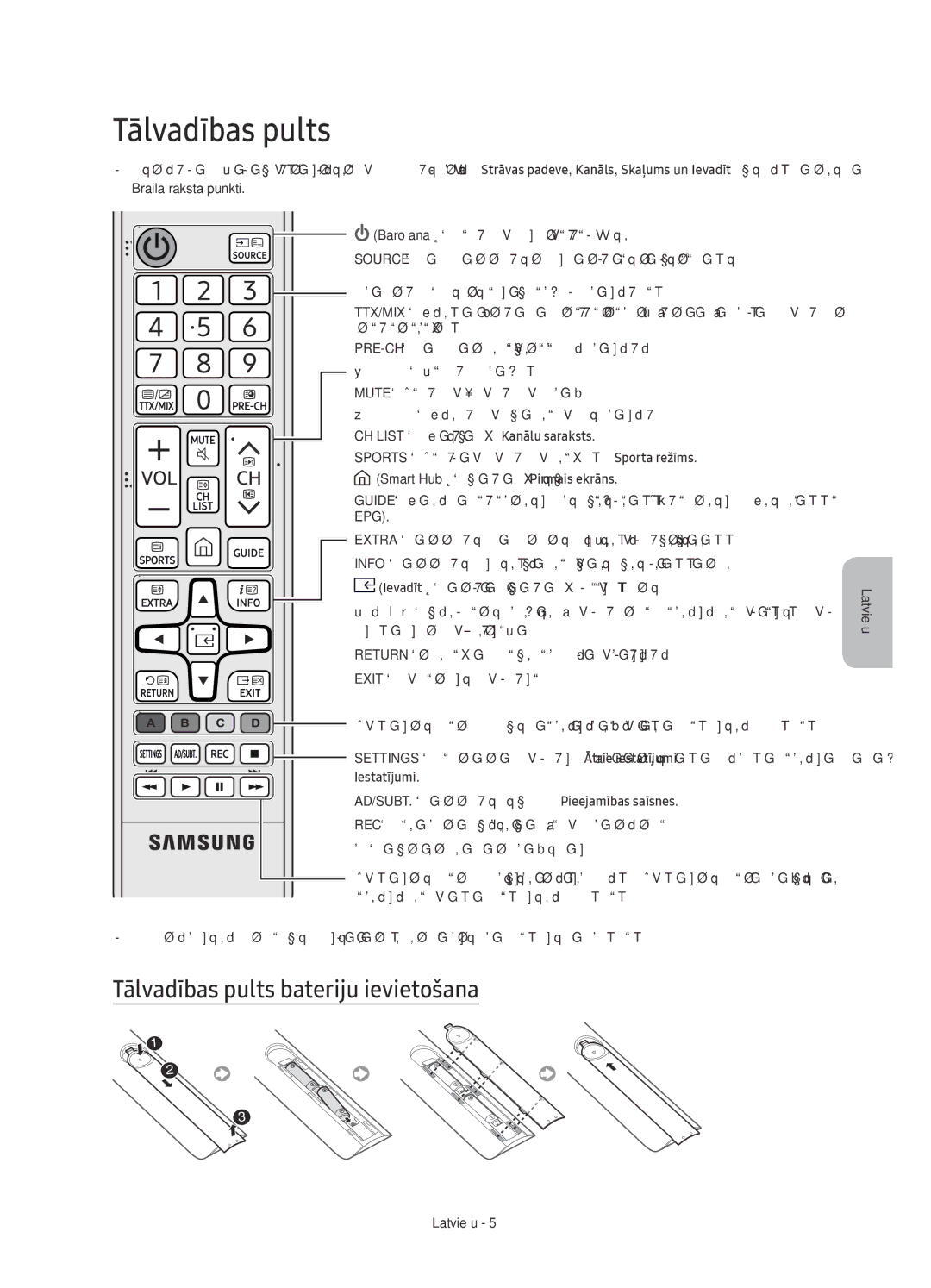 Samsung UE65KU6172UXXH Tālvadības pults bateriju ievietošana, Iestatījumi AD/SUBT. attēlo opciju Pieejamības saīsnes 