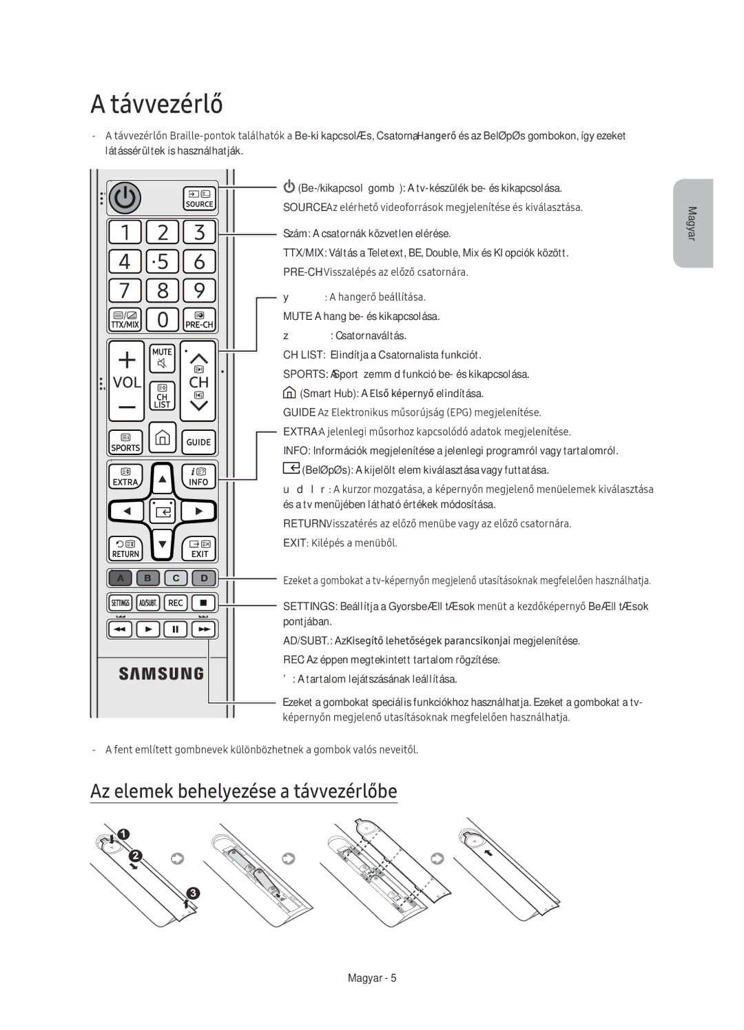 Samsung UE65KU6172UXXH, UE49KU6100WXXH, UE49KU6172UXXH, UE40KU6100WXXH manual Távvezérlő, Az elemek behelyezése a távvezérlőbe 