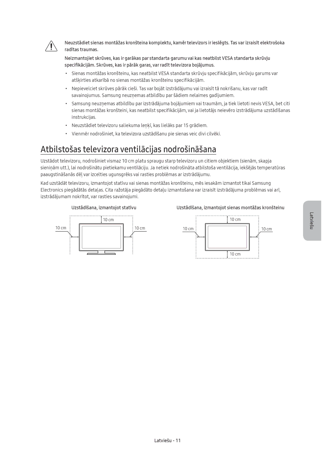 Samsung UE49KU6172UXXH, UE49KU6100WXXH Atbilstošas televizora ventilācijas nodrošināšana, Uzstādīšana, izmantojot statīvu 