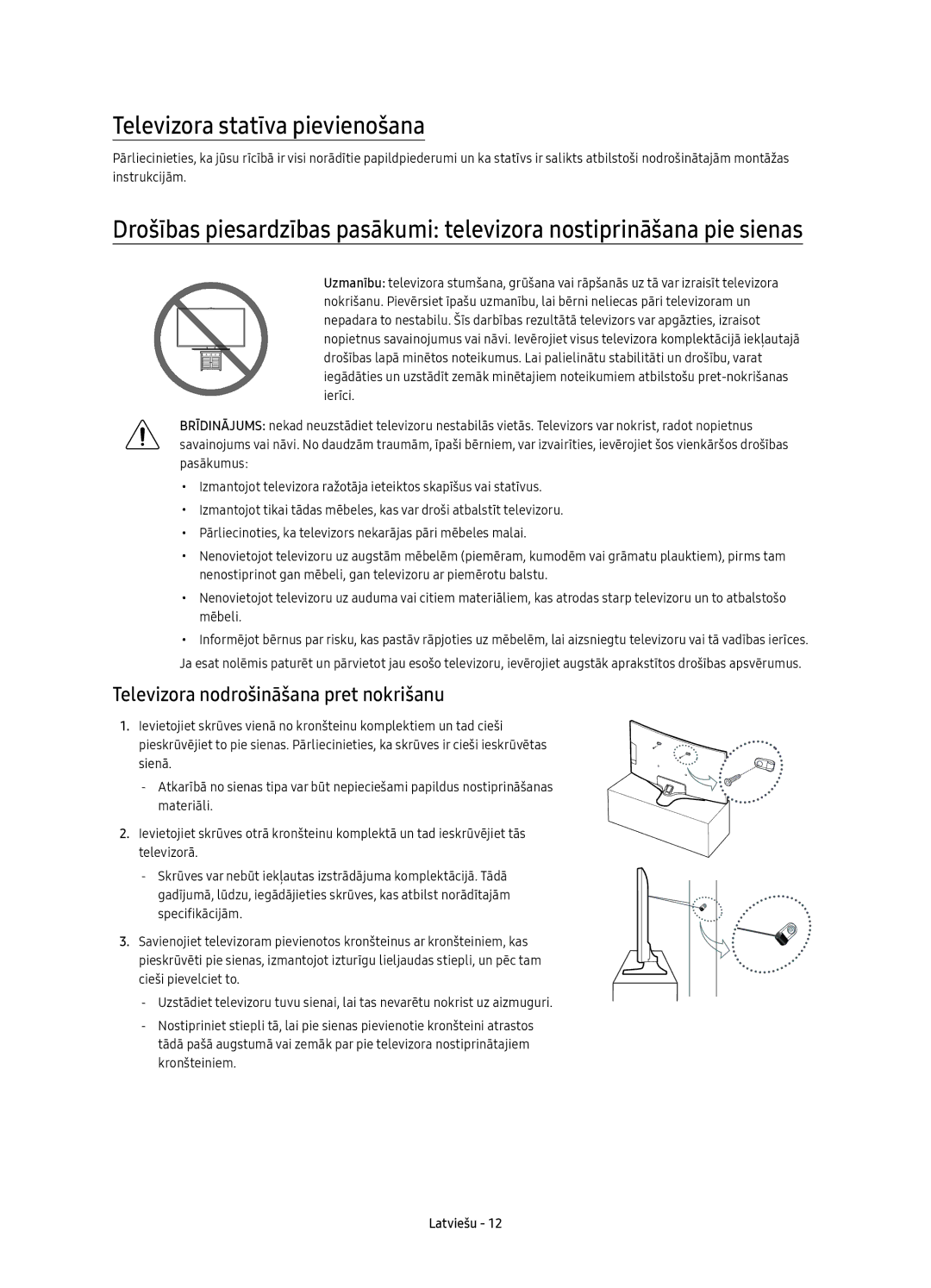 Samsung UE40KU6100WXXH, UE49KU6100WXXH manual Televizora statīva pievienošana, Televizora nodrošināšana pret nokrišanu 