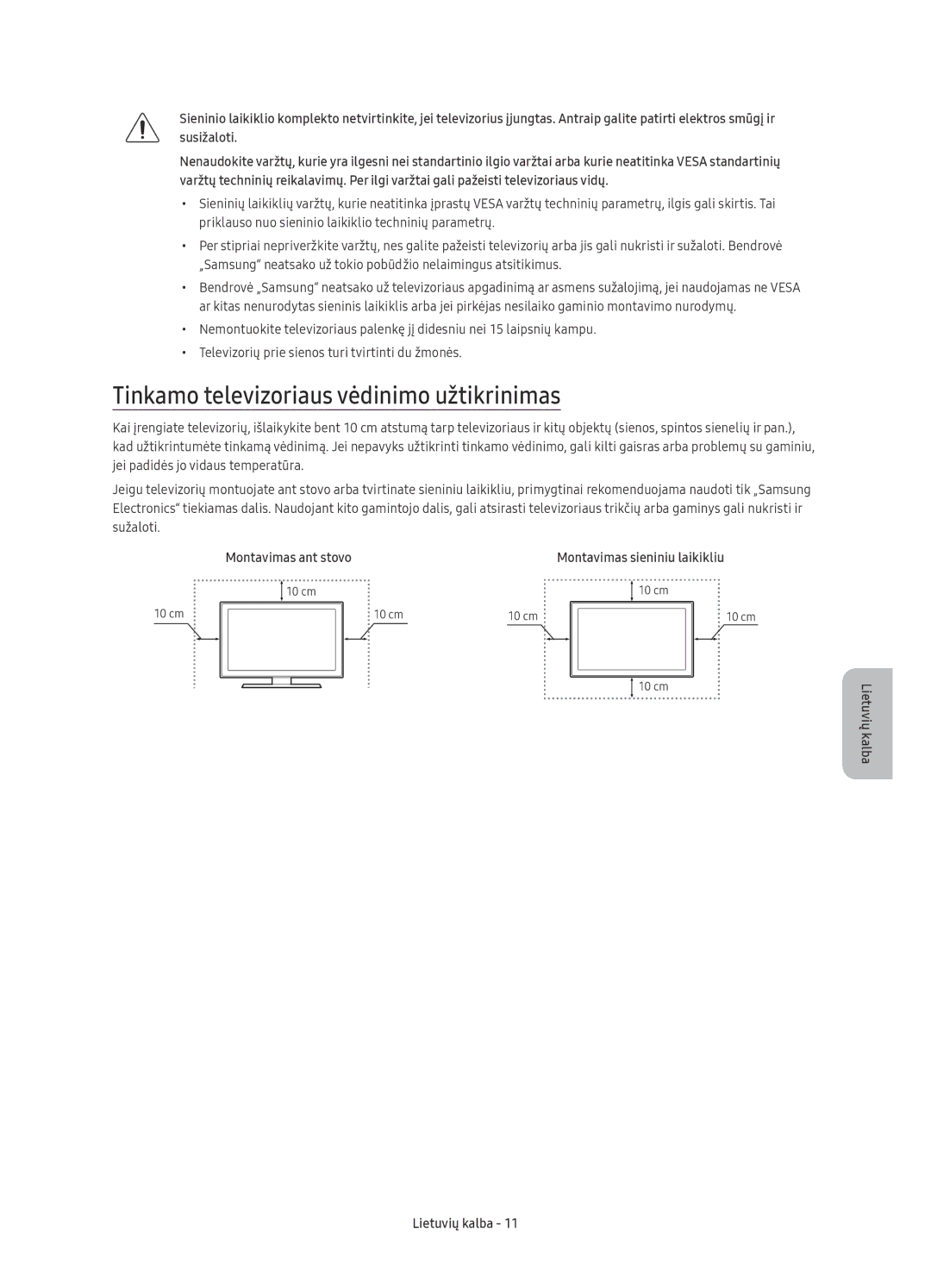 Samsung UE55KU6100WXXH Tinkamo televizoriaus vėdinimo užtikrinimas, Montavimas ant stovo Montavimas sieniniu laikikliu 