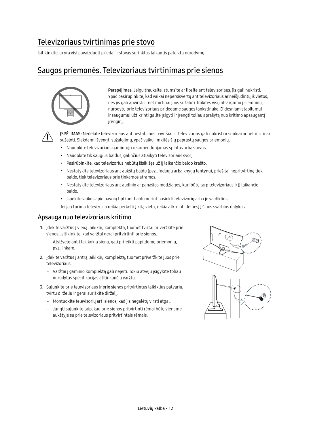 Samsung UE65KU6100WXXN manual Televizoriaus tvirtinimas prie stovo, Saugos priemonės. Televizoriaus tvirtinimas prie sienos 