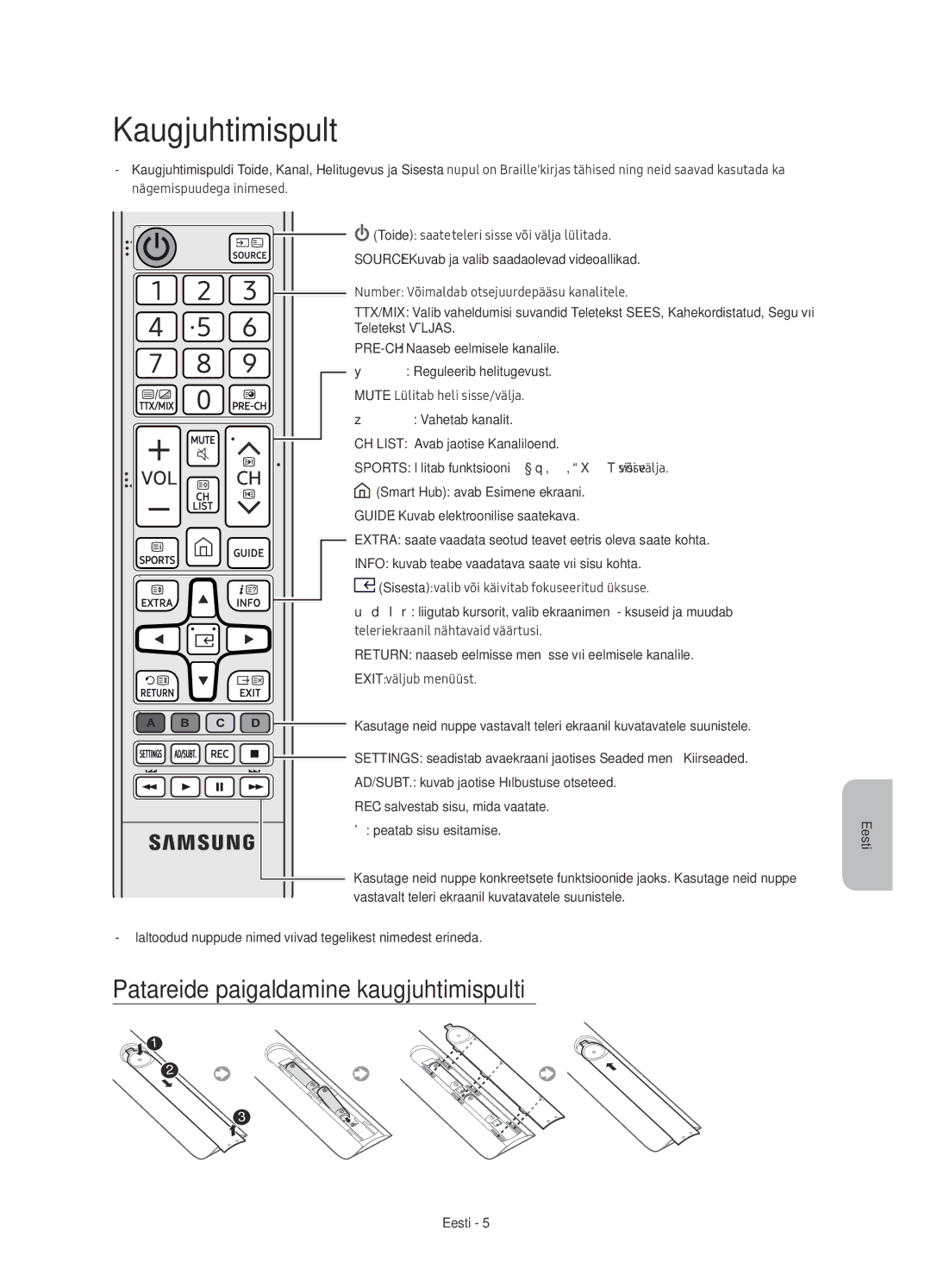 Samsung UE55KU6100WXXN manual Kaugjuhtimispult, Patareide paigaldamine kaugjuhtimispulti, CH List Avab jaotise Kanaliloend 