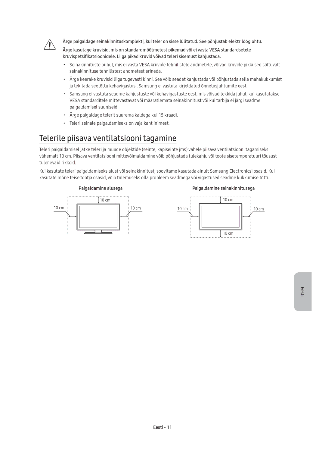 Samsung UE40KU6100WXXN, UE49KU6100WXXH, UE49KU6172UXXH manual Telerile piisava ventilatsiooni tagamine, Paigaldamine alusega 