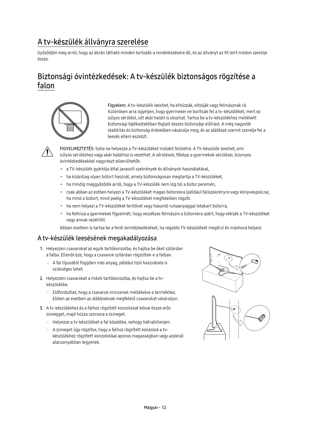 Samsung UE40KU6100WXXH, UE49KU6100WXXH manual Tv-készülék állványra szerelése, Tv-készülék leesésének megakadályozása 