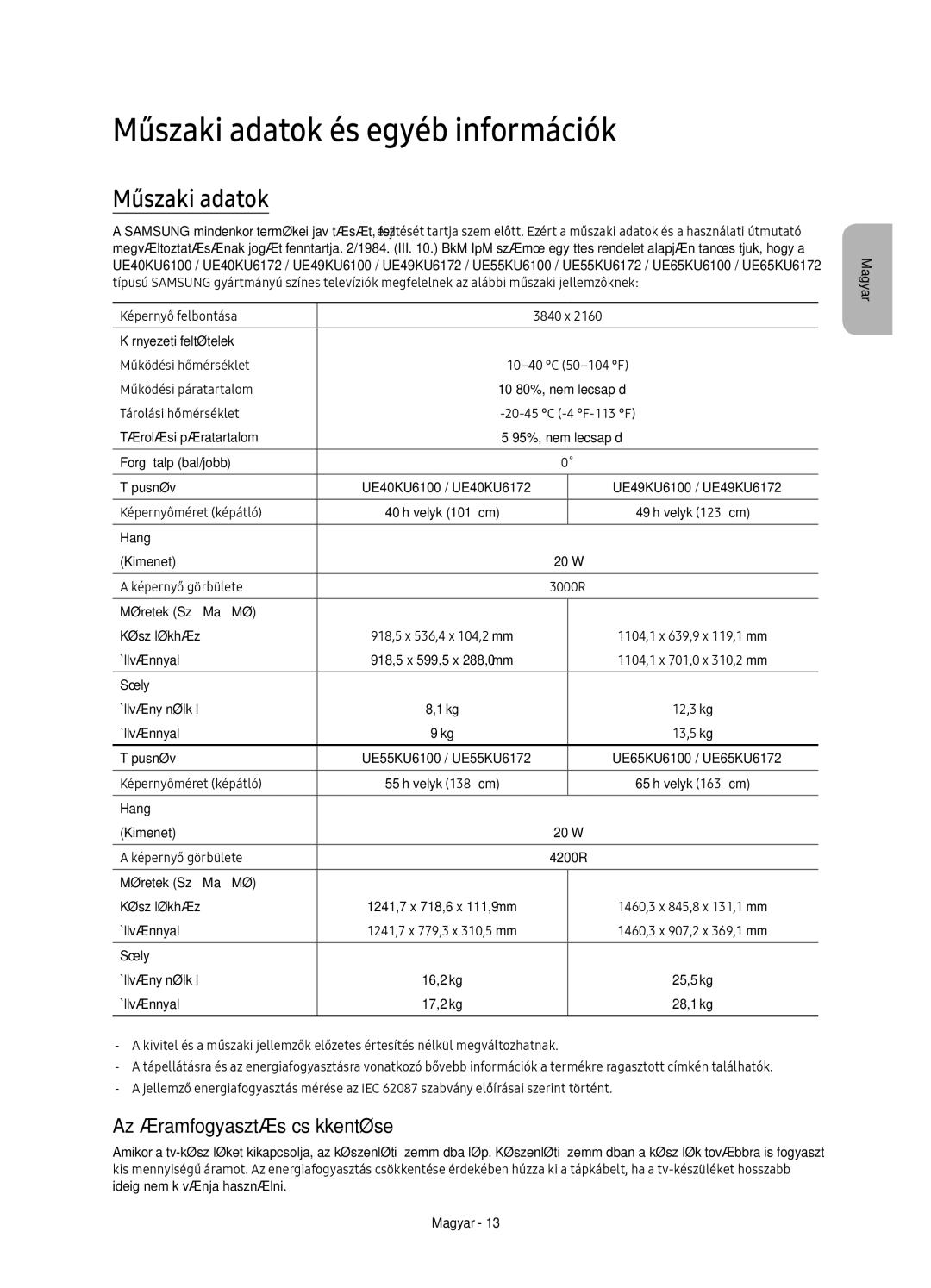 Samsung UE55KU6100WXXH, UE49KU6100WXXH, UE49KU6172UXXH Műszaki adatok és egyéb információk, Az áramfogyasztás csökkentése 