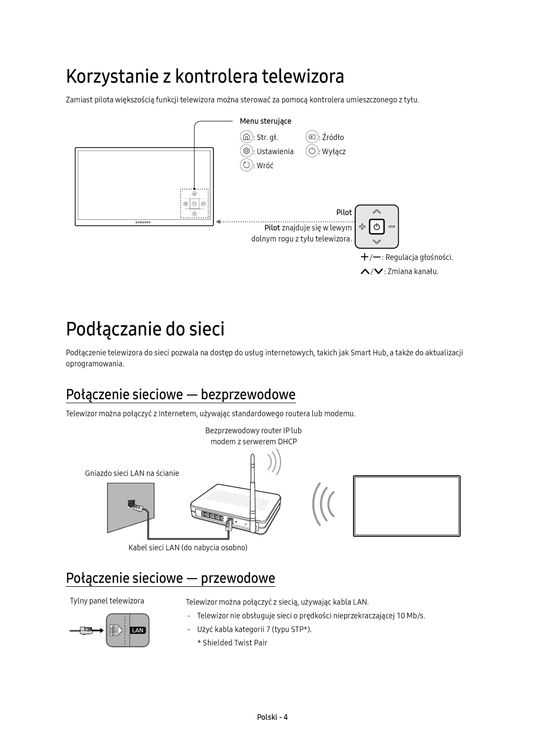 Samsung UE55KU6172UXXH manual Korzystanie z kontrolera telewizora, Podłączanie do sieci, Połączenie sieciowe bezprzewodowe 