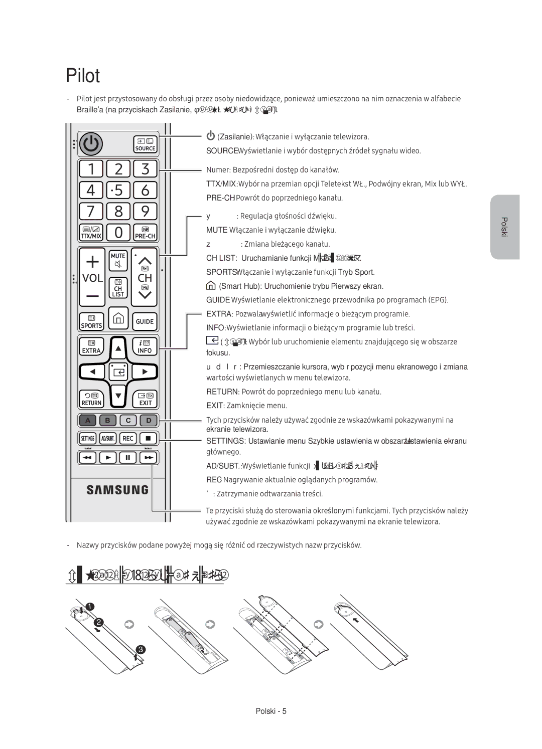 Samsung UE65KU6100WXXH manual Pilot, Wkładanie baterii do pilota, AD/SUBT. Wyświetlanie funkcji Skróty dostępności 