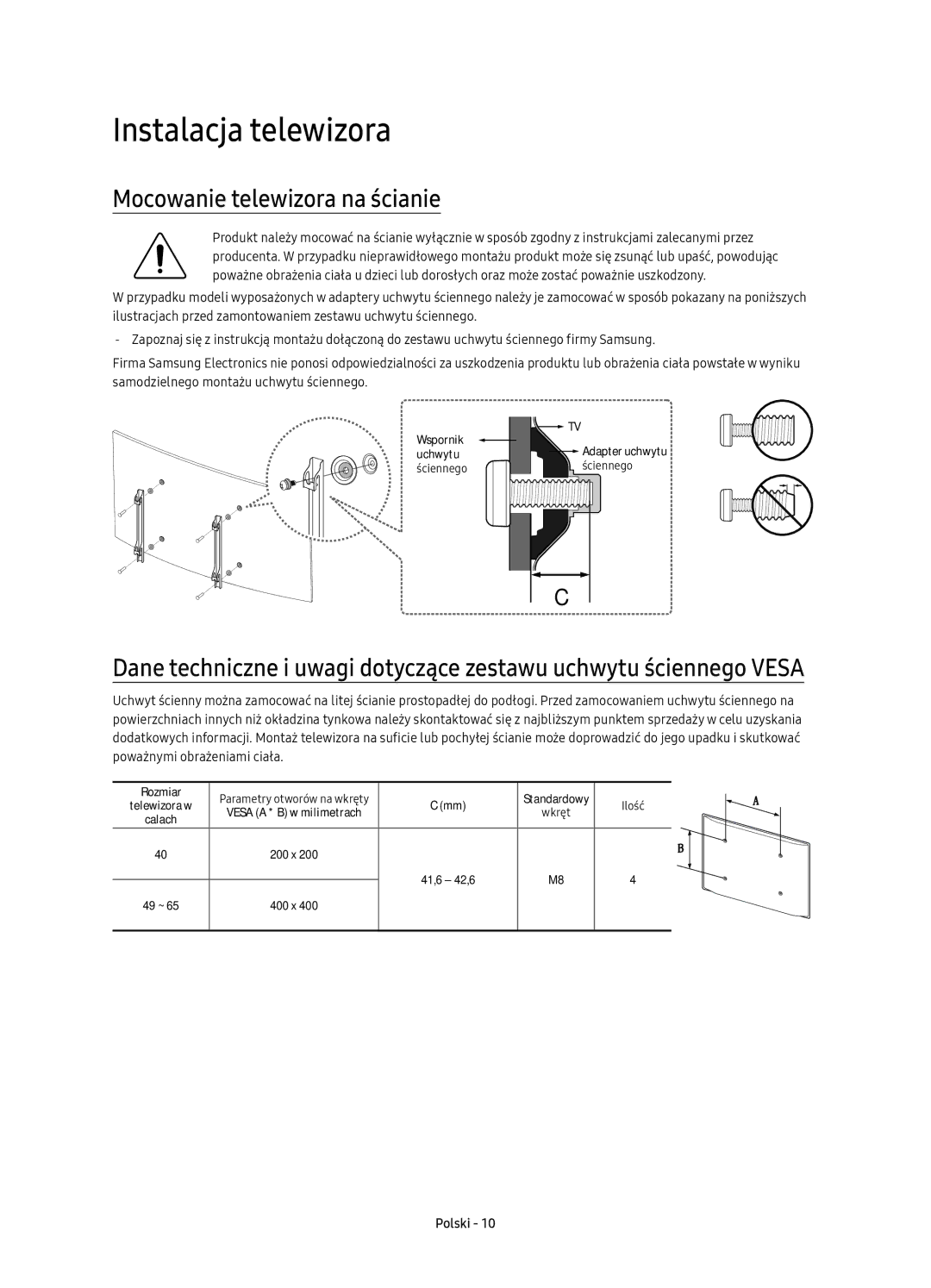 Samsung UE40KU6100WXXH, UE49KU6100WXXH, UE49KU6172UXXH manual Instalacja telewizora, Mocowanie telewizora na ścianie 