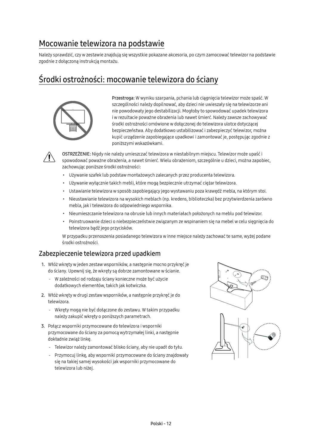 Samsung UE65KU6100WXXN manual Mocowanie telewizora na podstawie, Środki ostrożności mocowanie telewizora do ściany 