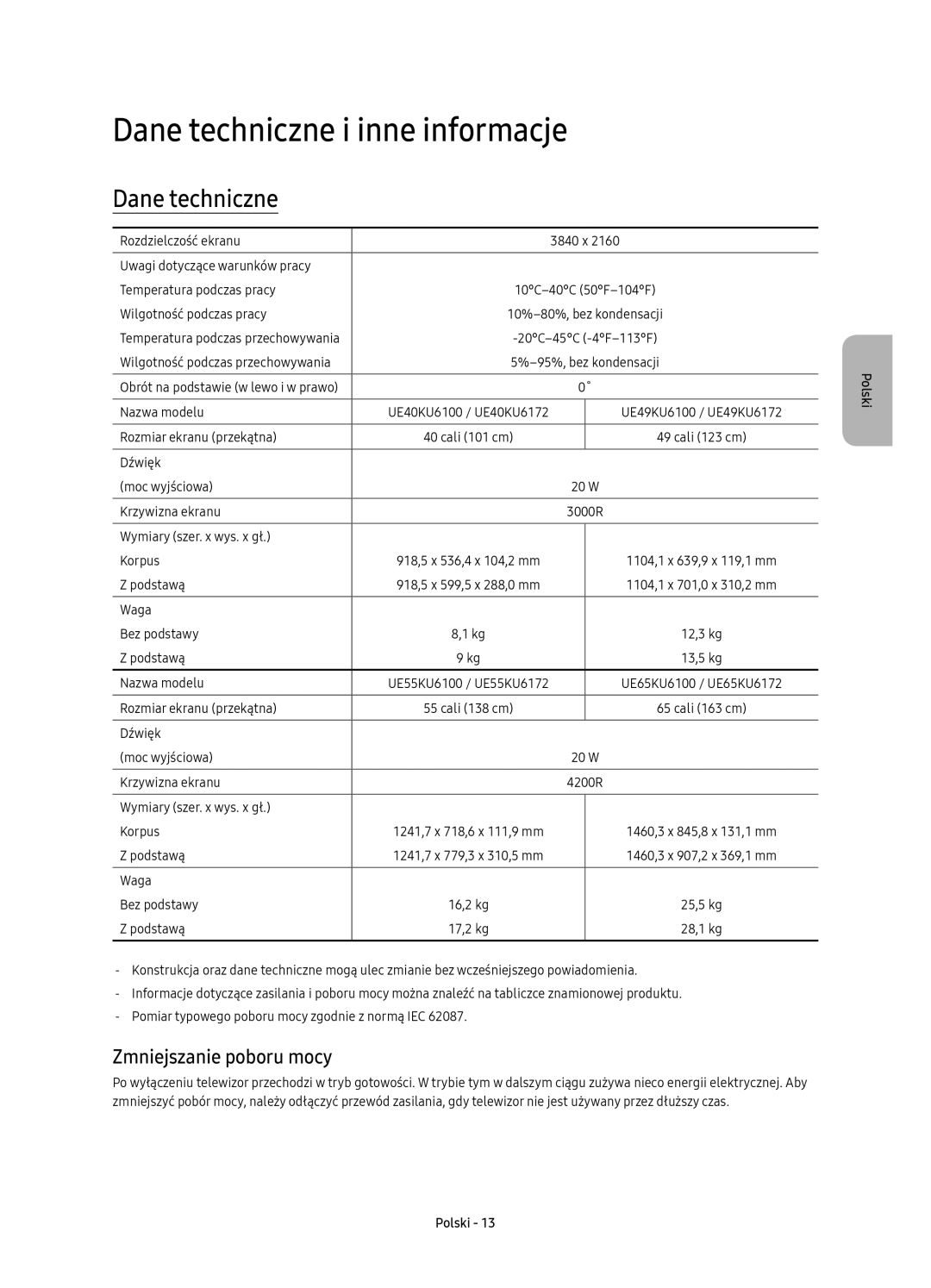 Samsung UE40KU6100WXXN, UE49KU6100WXXH, UE49KU6172UXXH manual Dane techniczne i inne informacje, Zmniejszanie poboru mocy 