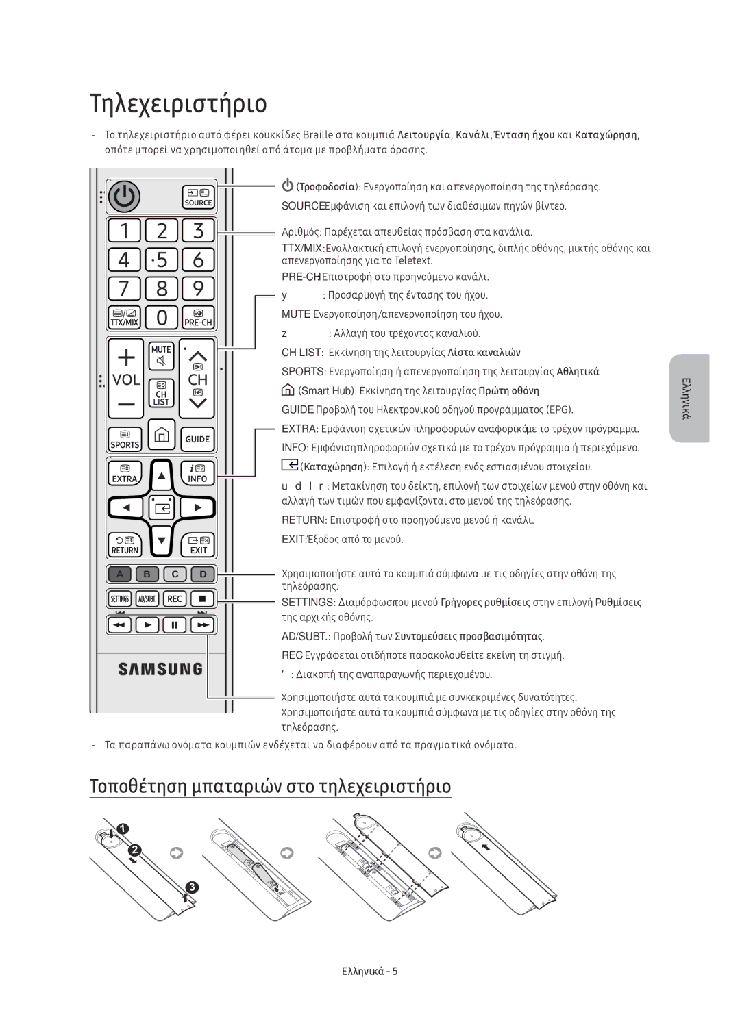 Samsung UE55KU6100WXXN, UE49KU6100WXXH, UE49KU6172UXXH manual Τηλεχειριστήριο, Τοποθέτηση μπαταριών στο τηλεχειριστήριο 