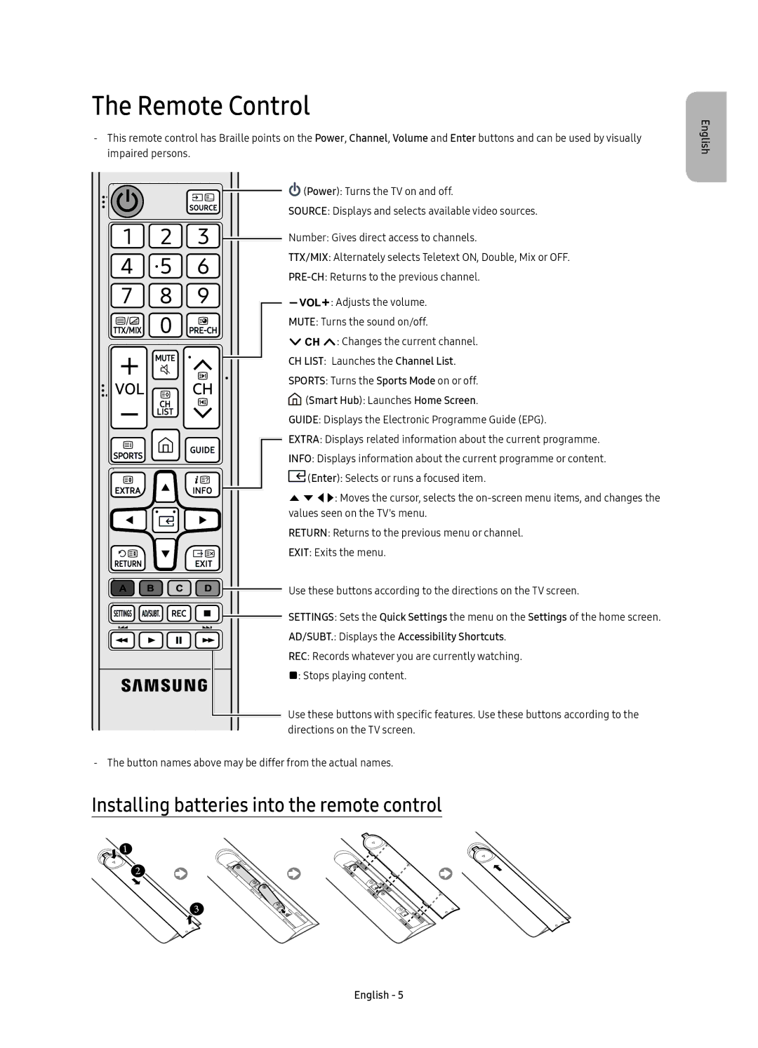 Samsung UE40KU6100WXXN Remote Control, Installing batteries into the remote control, CH List Launches the Channel List 