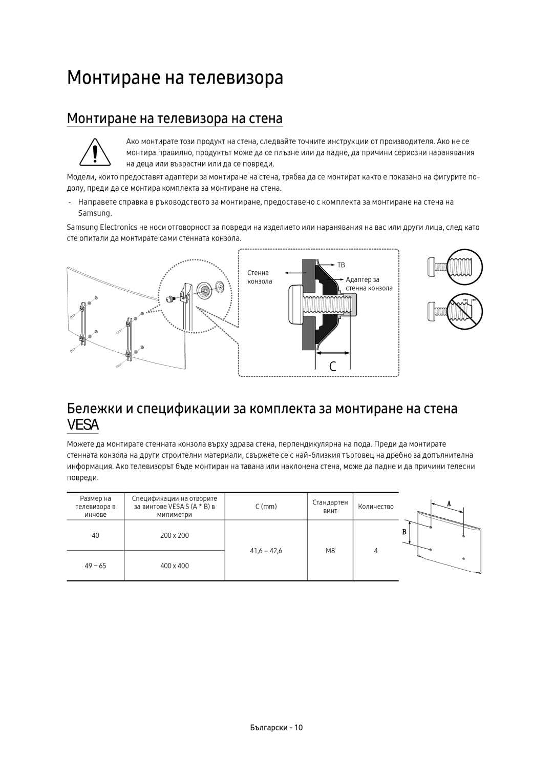 Samsung UE40KU6172UXXH Монтиране на телевизора на стена, Бележки и спецификации за комплекта за монтиране на стена 