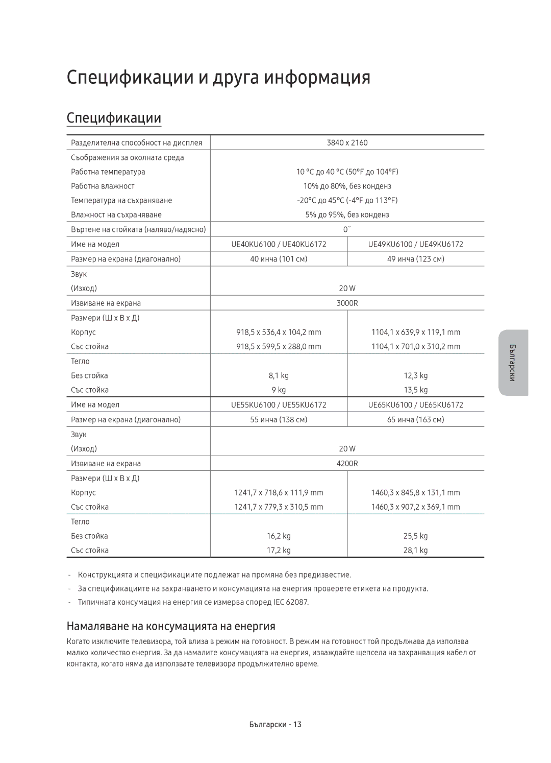 Samsung UE65KU6100WXXH, UE49KU6100WXXH manual Спецификации и друга информация, Намаляване на консумацията на енергия 