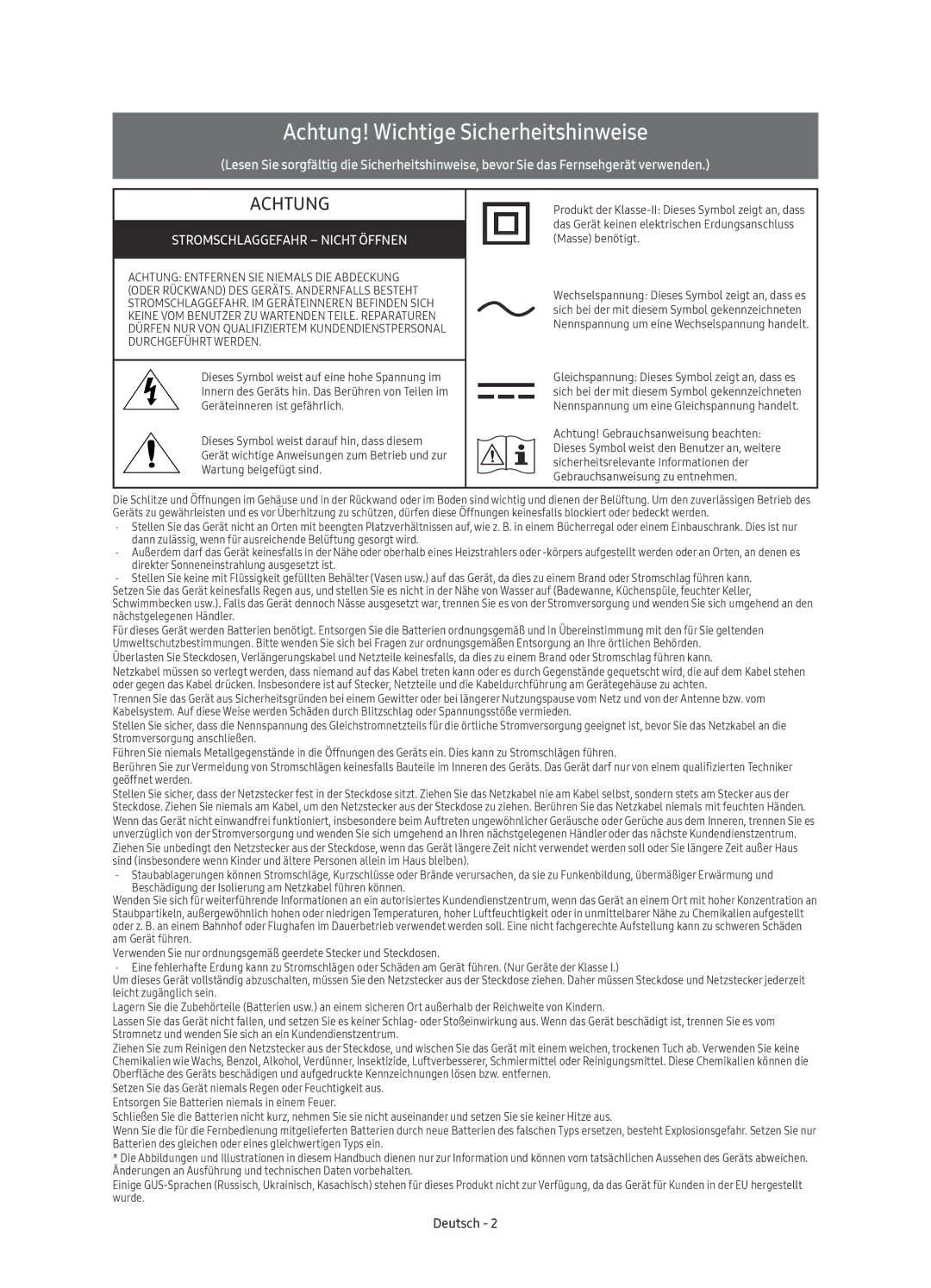 Samsung UE49KU6179UXZG, UE40KU6179UXZG, UE65KU6179UXZG, UE55KU6179UXZG manual Achtung! Wichtige Sicherheitshinweise, Deutsch 