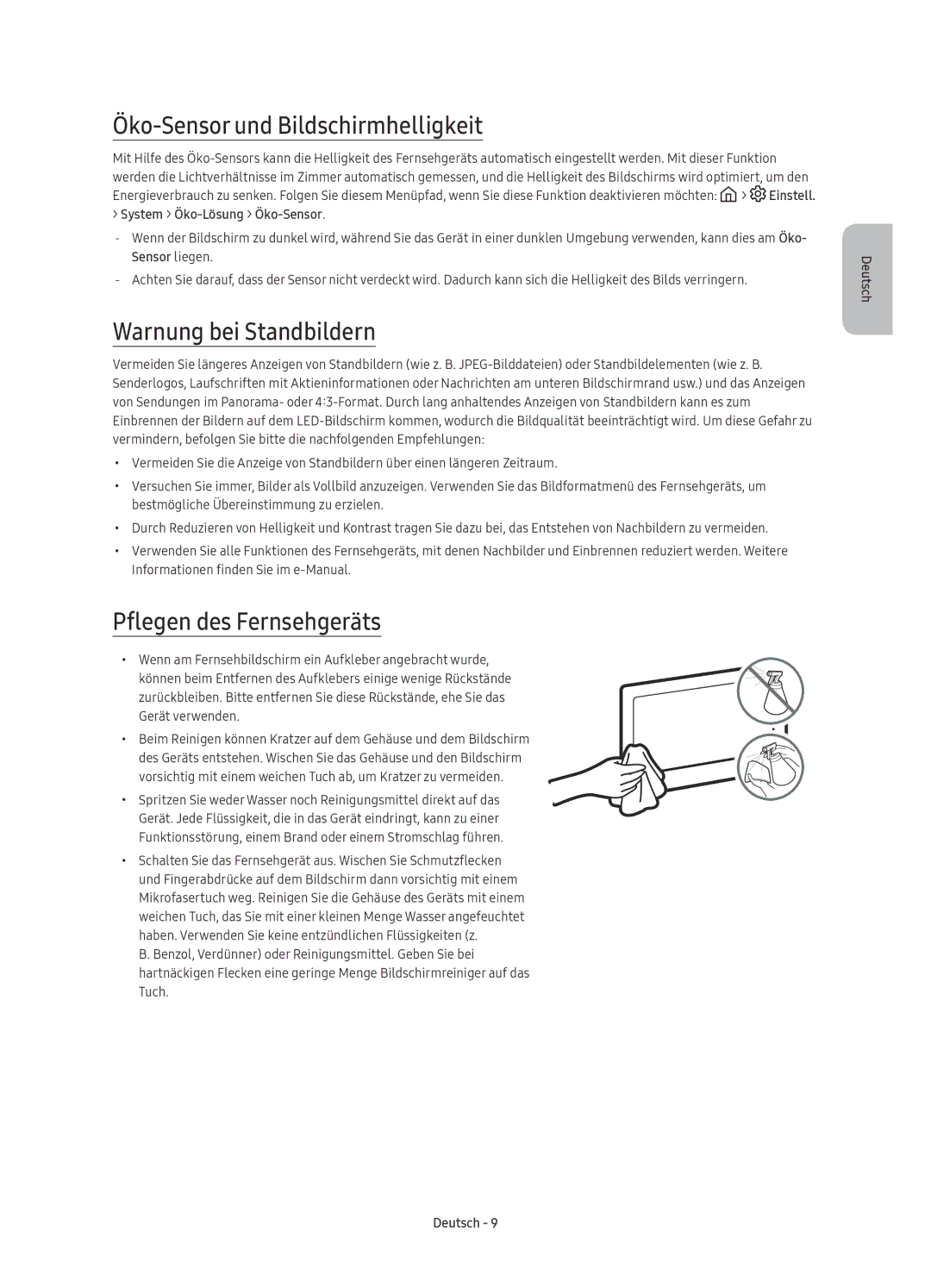 Samsung UE65KU6170UXZG manual Öko-Sensor und Bildschirmhelligkeit, Warnung bei Standbildern, Pflegen des Fernsehgeräts 