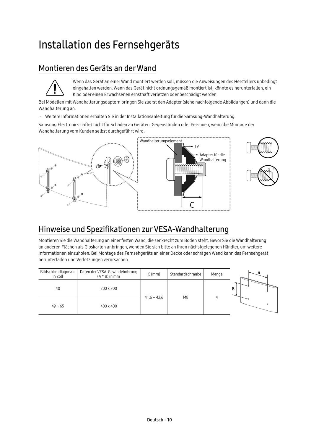 Samsung UE49KU6179UXZG, UE40KU6179UXZG, UE65KU6179UXZG Installation des Fernsehgeräts, Montieren des Geräts an der Wand 