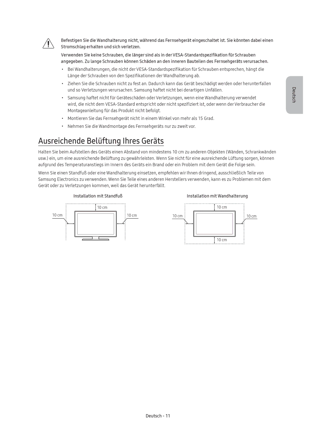 Samsung UE40KU6179UXZG, UE49KU6179UXZG, UE65KU6179UXZG manual Ausreichende Belüftung Ihres Geräts, Installation mit Standfuß 