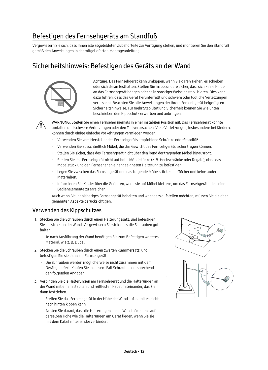 Samsung UE65KU6179UXZG Befestigen des Fernsehgeräts am Standfuß, Sicherheitshinweis Befestigen des Geräts an der Wand 