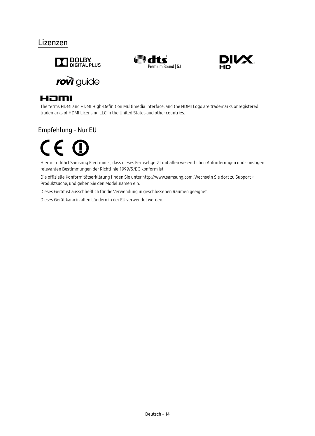 Samsung UE49KU6170UXZG, UE49KU6179UXZG, UE40KU6179UXZG, UE65KU6179UXZG, UE55KU6179UXZG manual Lizenzen, Empfehlung Nur EU 