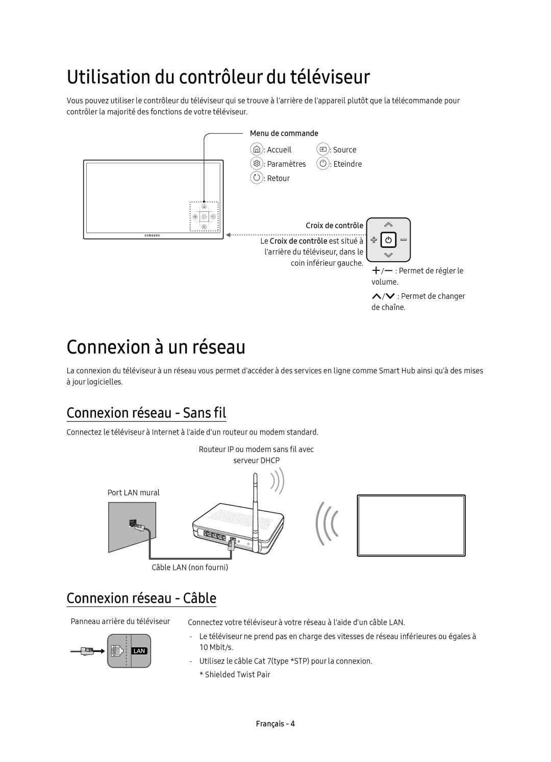 Samsung UE49KU6179UXZG manual Utilisation du contrôleur du téléviseur, Connexion à un réseau, Connexion réseau Sans fil 