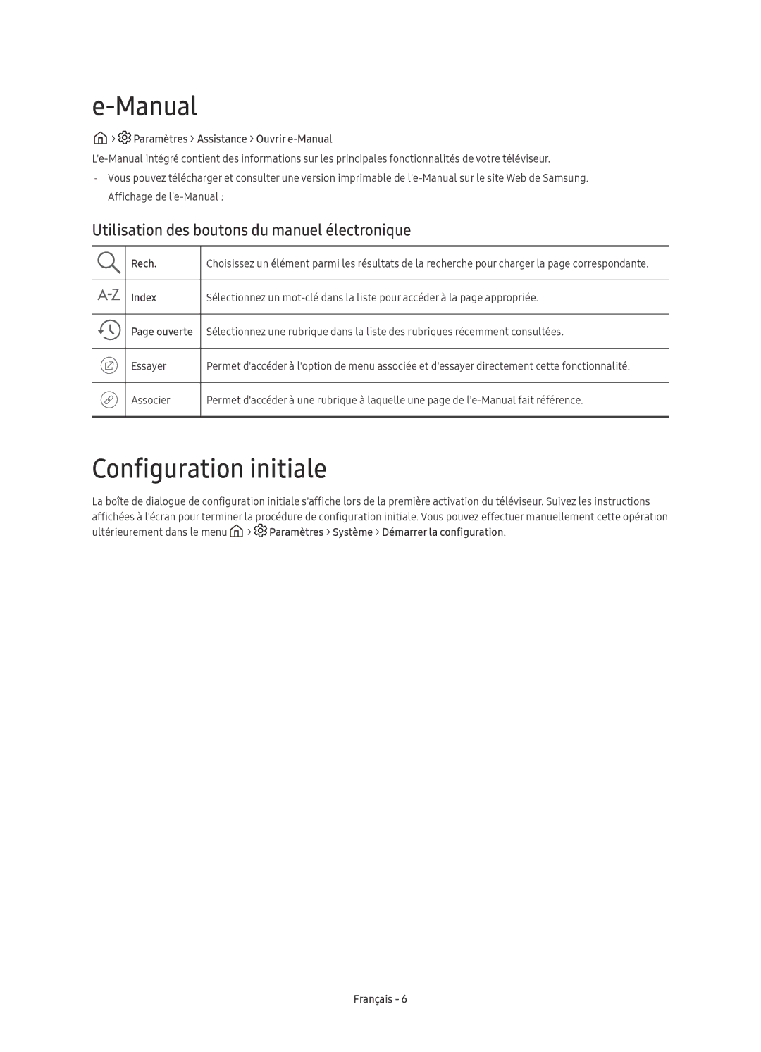 Samsung UE65KU6179UXZG manual Manual, Configuration initiale, Utilisation des boutons du manuel électronique, Rech 