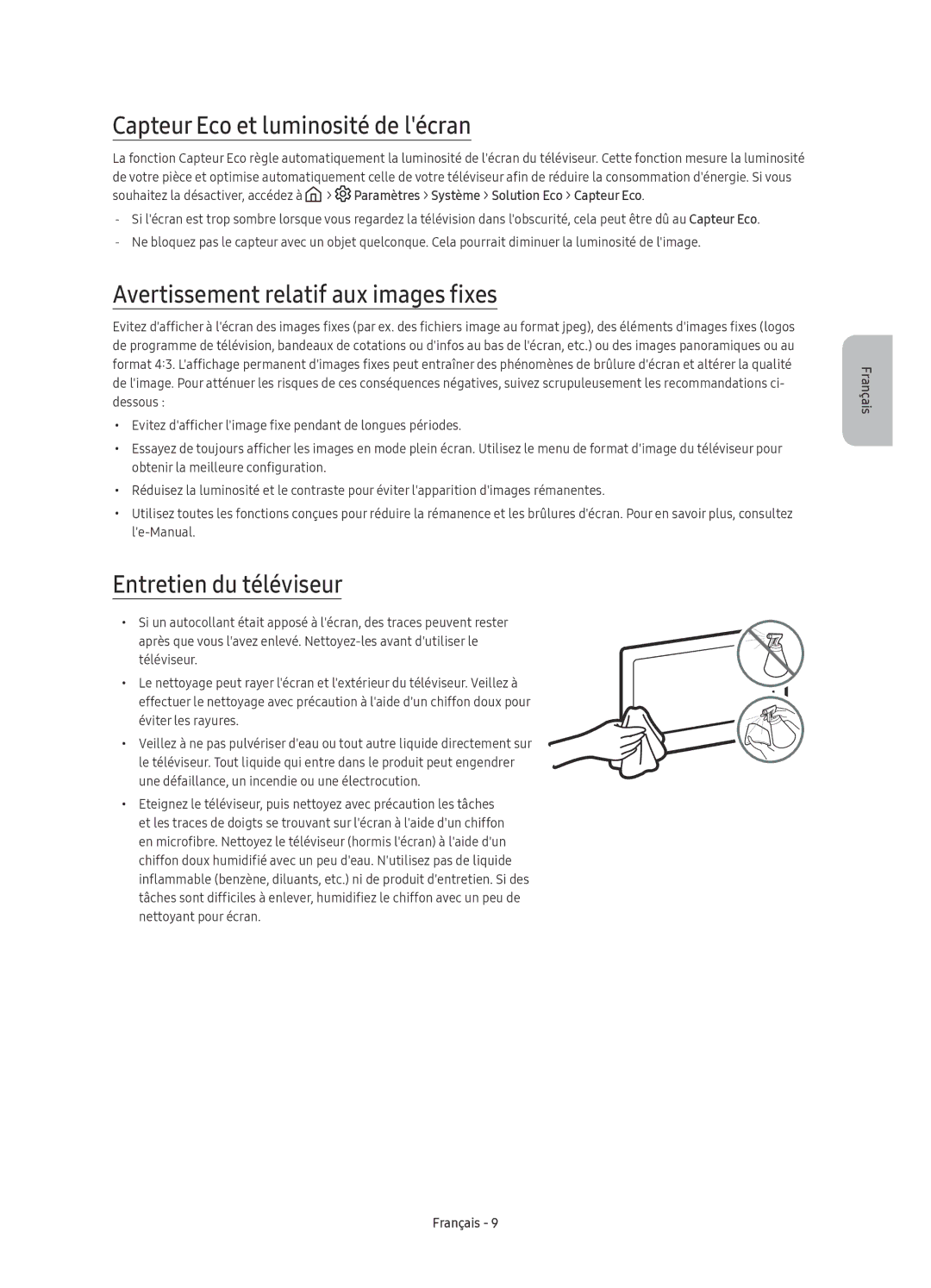 Samsung UE55KU6170UXZG, UE49KU6179UXZG manual Capteur Eco et luminosité de lécran, Avertissement relatif aux images fixes 