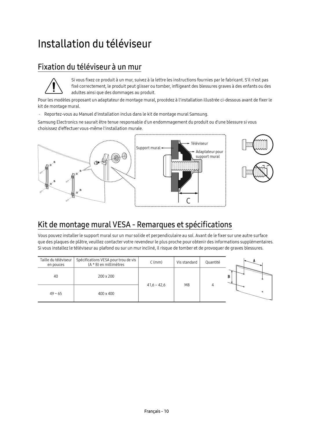 Samsung UE40KU6170UXZG, UE49KU6179UXZG, UE40KU6179UXZG manual Installation du téléviseur, Fixation du téléviseur à un mur 