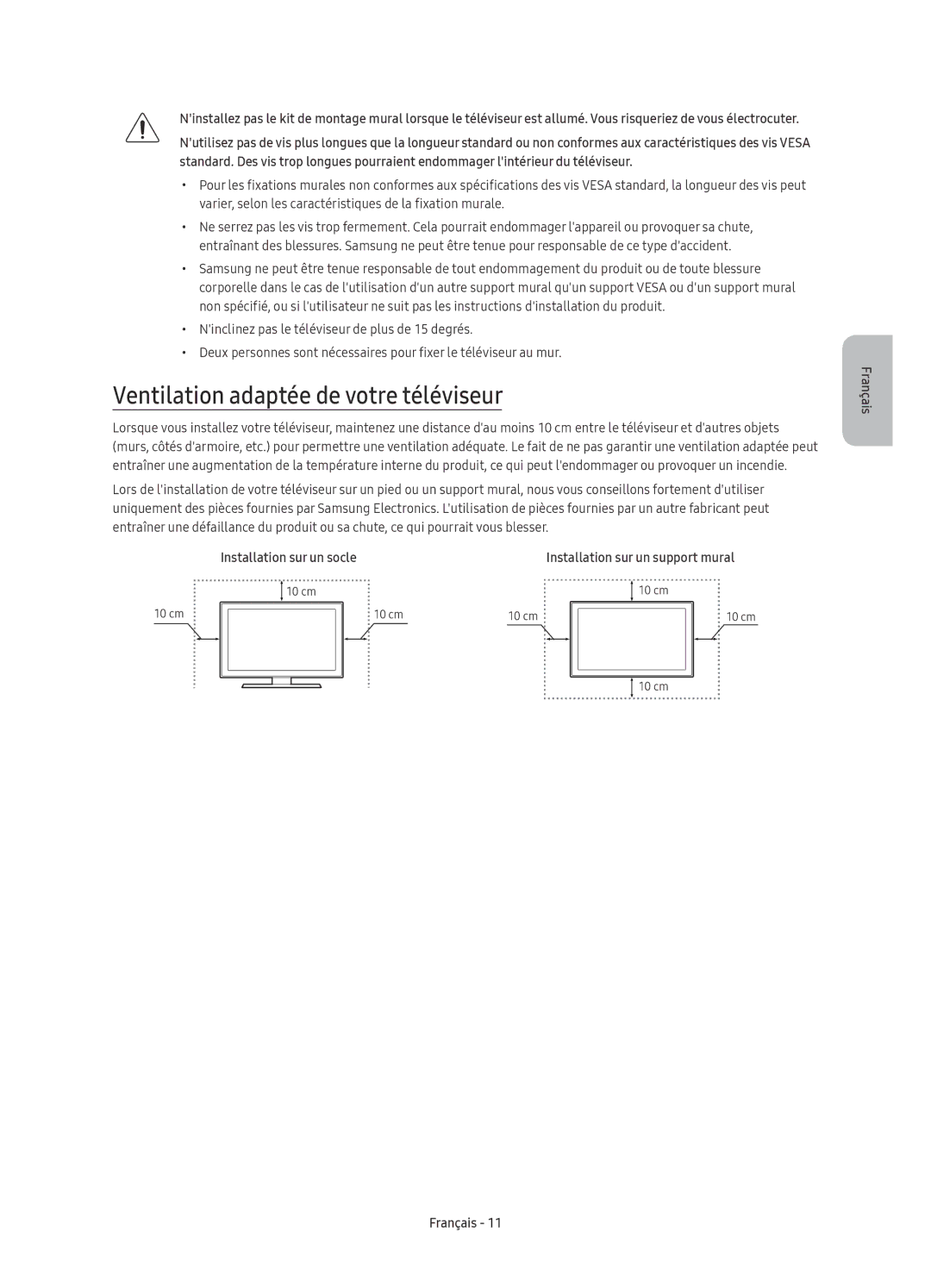 Samsung UE65KU6170UXZG, UE49KU6179UXZG, UE40KU6179UXZG Ventilation adaptée de votre téléviseur, Installation sur un socle 