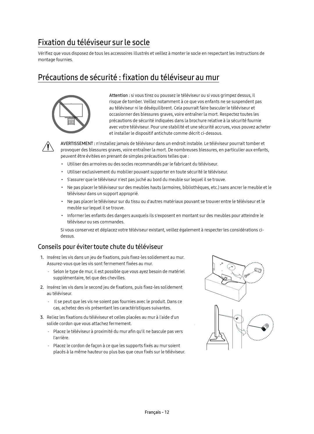 Samsung UE49KU6179UXZG manual Fixation du téléviseur sur le socle, Précautions de sécurité fixation du téléviseur au mur 