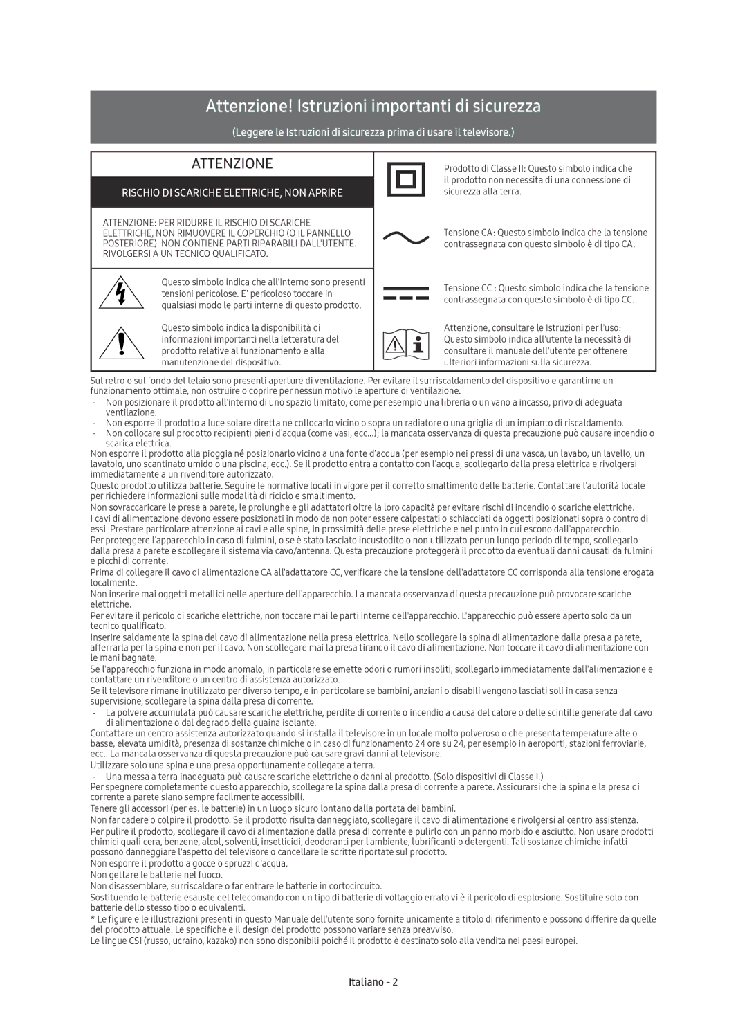 Samsung UE49KU6170UXZG, UE49KU6179UXZG, UE40KU6179UXZG manual Attenzione! Istruzioni importanti di sicurezza, Italiano 