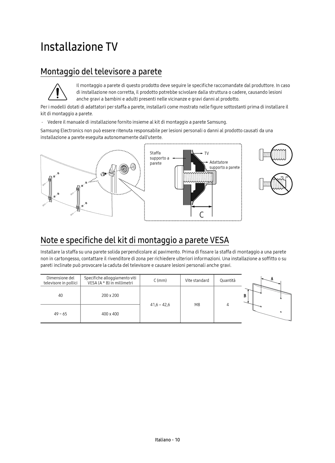 Samsung UE49KU6170UXZG, UE49KU6179UXZG, UE40KU6179UXZG, UE65KU6179UXZG Installazione TV, Montaggio del televisore a parete 