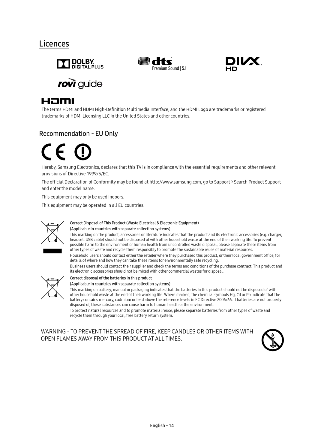 Samsung UE40KU6300UXRU, UE49KU6300UXRU, UE55KU6300UXRU, UE65KU6300UXRU manual Licences, Recommendation EU Only 