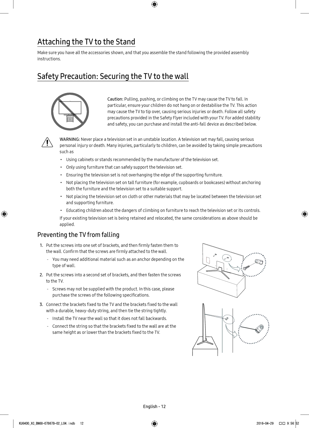 Samsung UE40KU6400UXXC, UE49KU6400UXXC manual Attaching the TV to the Stand, Safety Precaution Securing the TV to the wall 