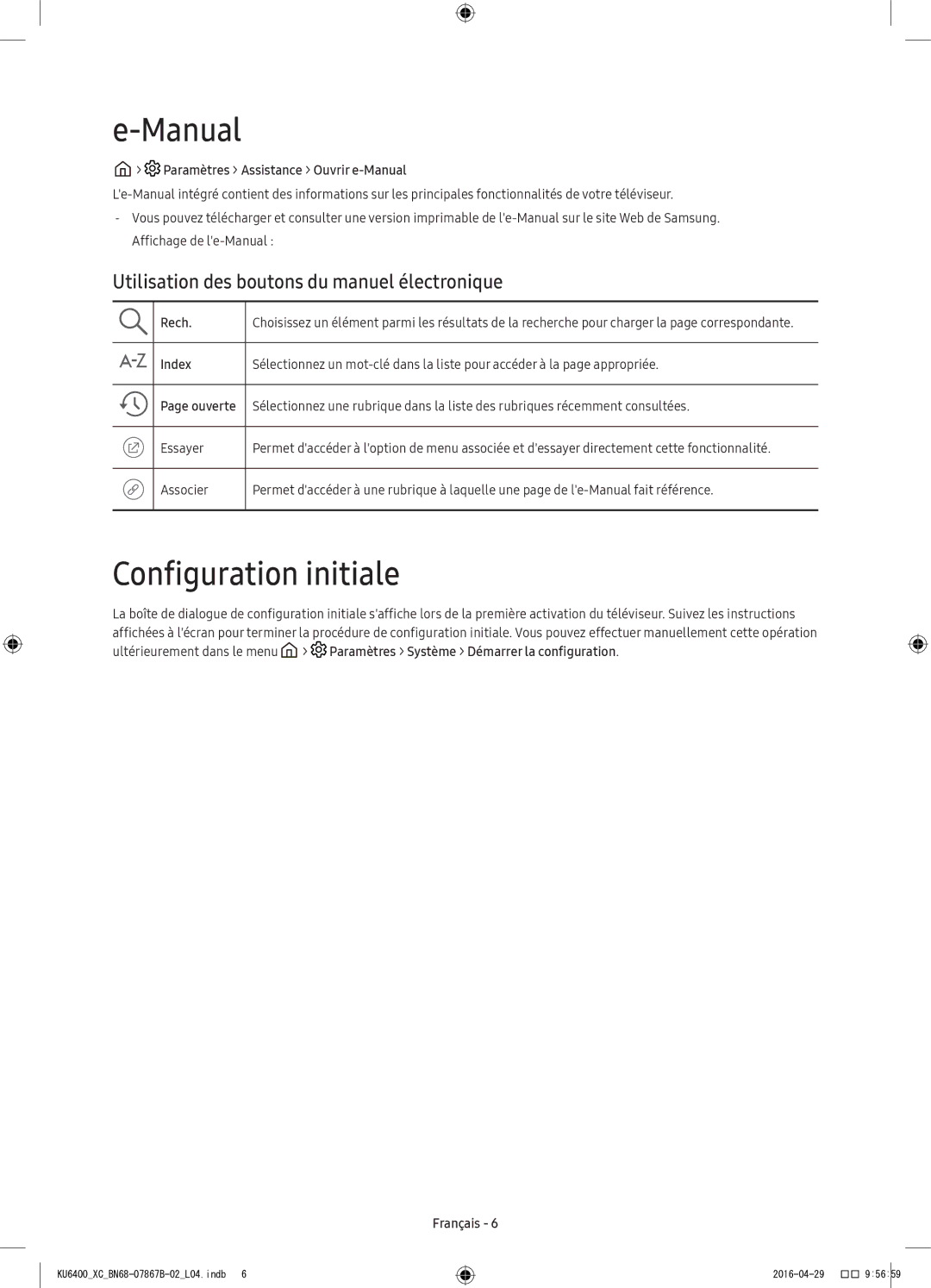 Samsung UE49KU6400UXXC, UE55KU6400UXXC manual Manual, Configuration initiale, Utilisation des boutons du manuel électronique 