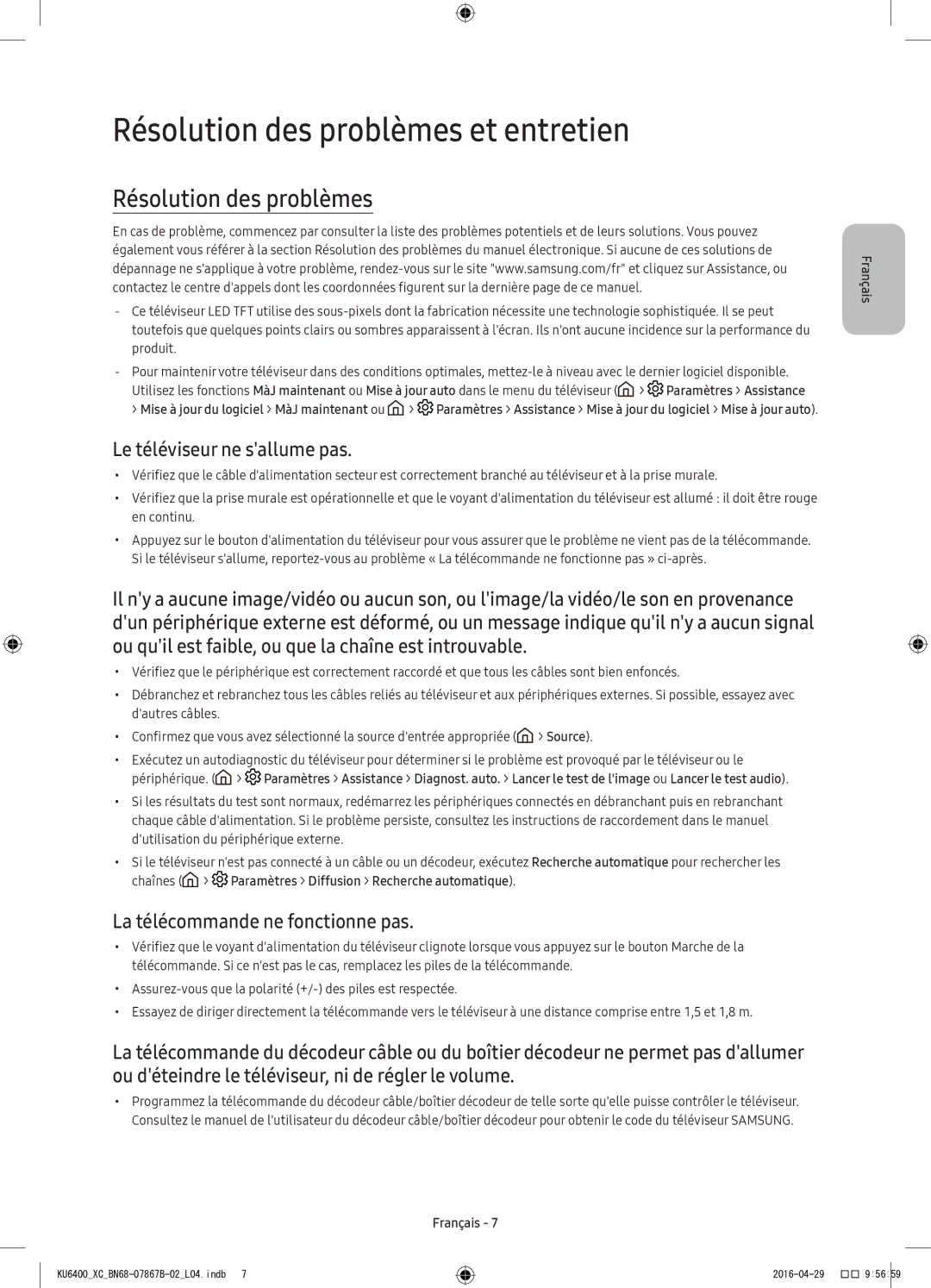 Samsung UE55KU6400UXXC, UE49KU6400UXXC, UE40KU6400UXXC Résolution des problèmes et entretien, Le téléviseur ne sallume pas 