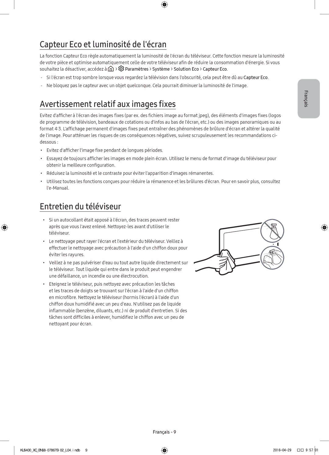 Samsung UE65KU6400UXXC, UE49KU6400UXXC manual Capteur Eco et luminosité de lécran, Avertissement relatif aux images fixes 