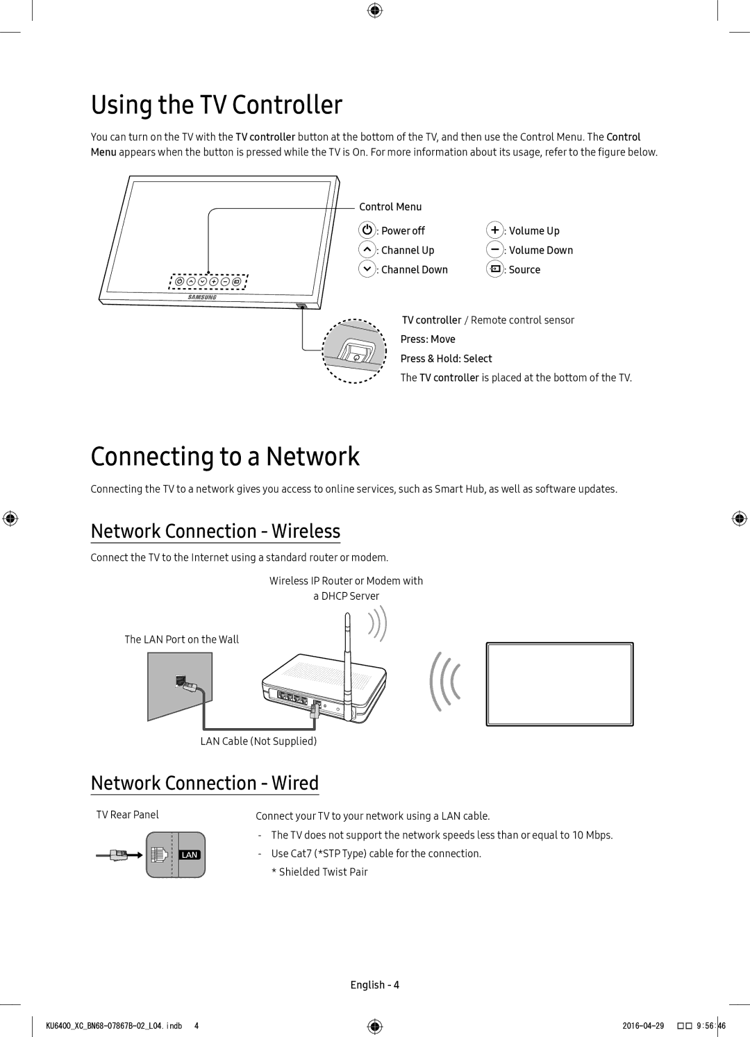 Samsung UE43KU6400UXXC, UE49KU6400UXXC manual Using the TV Controller, Connecting to a Network, Network Connection Wireless 