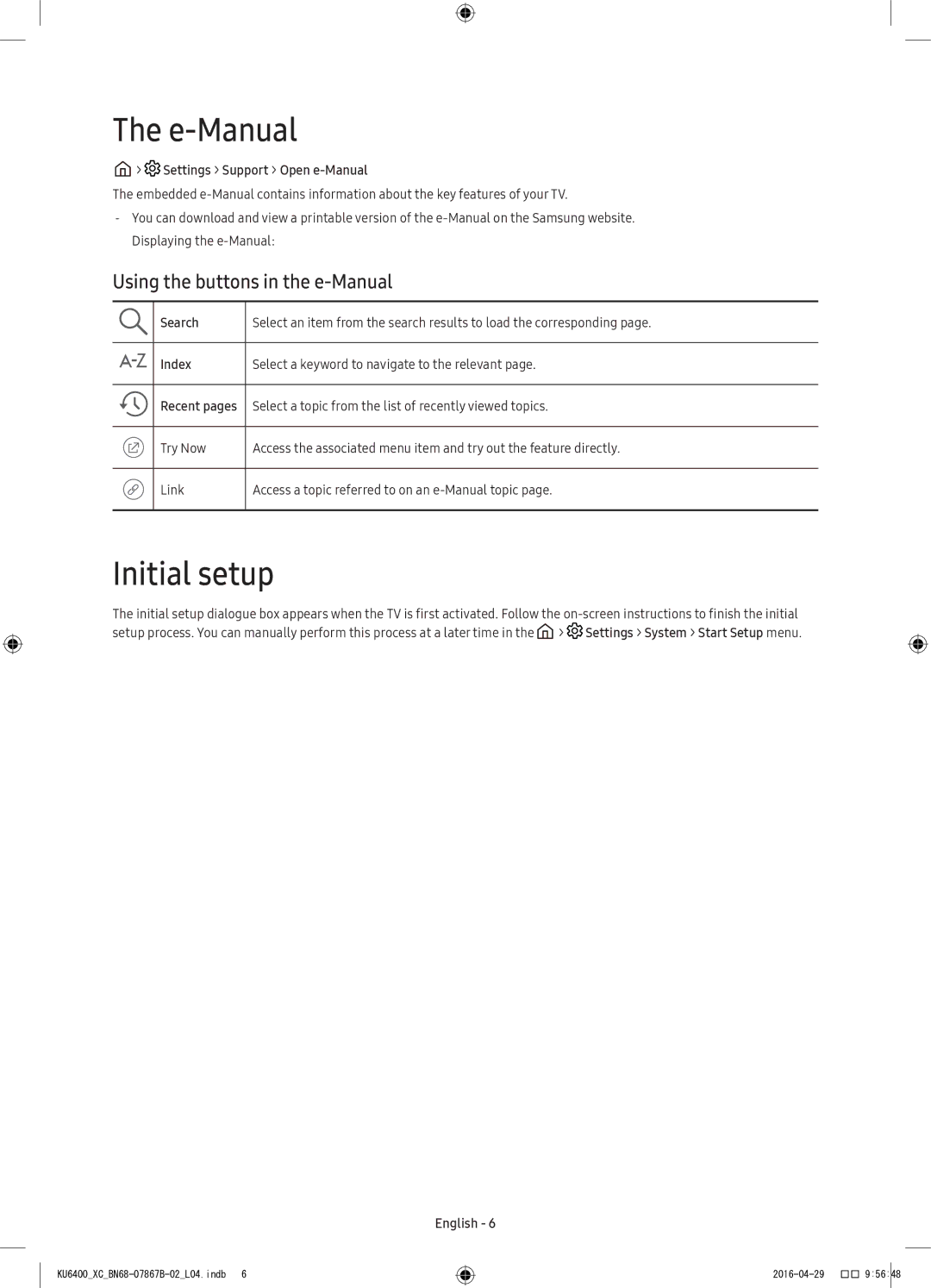 Samsung UE55KU6400UXXC, UE49KU6400UXXC, UE40KU6400UXXC manual E-Manual, Initial setup, Using the buttons in the e-Manual 