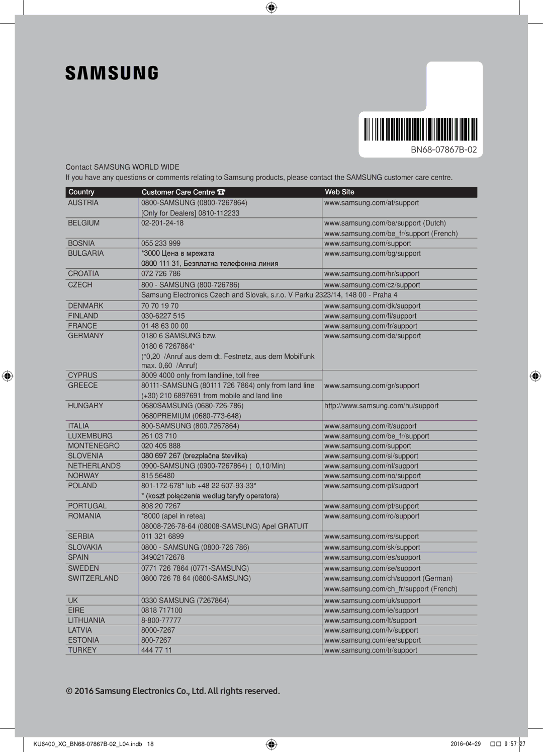 Samsung UE49KU6400UXXC, UE55KU6400UXXC, UE40KU6400UXXC, UE65KU6400UXXC, UE43KU6400UXXC manual BN68-07867B-02 