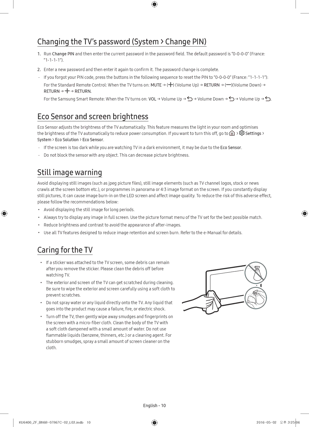 Samsung UE49KU6400UXZG Changing the TV’s password System Change PIN, Eco Sensor and screen brightness, Still image warning 