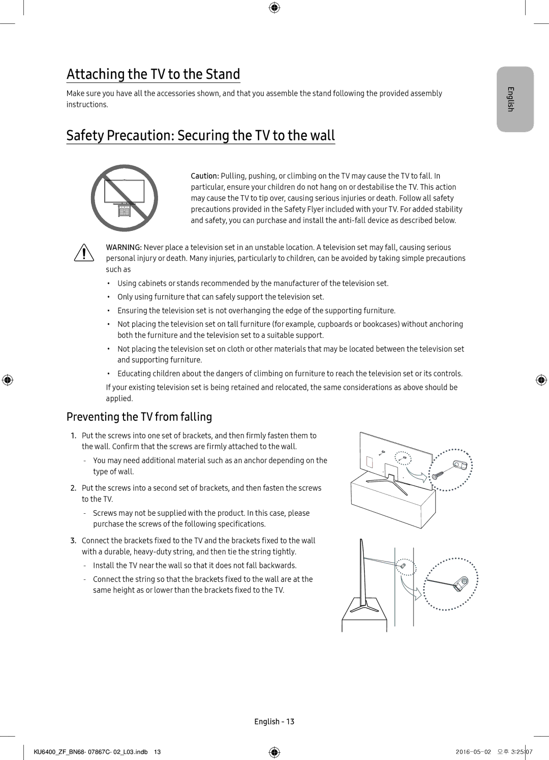 Samsung UE55KU6400UXZF, UE49KU6400UXXC manual Attaching the TV to the Stand, Safety Precaution Securing the TV to the wall 