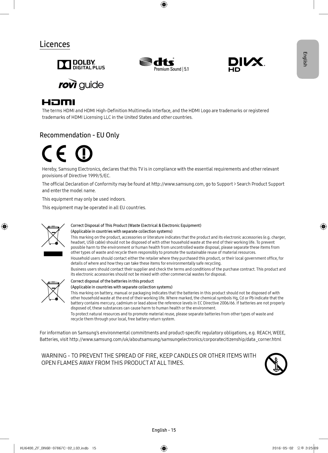 Samsung UE65KU6400UXZF, UE49KU6400UXXC, UE55KU6400UXZG, UE49KU6400UXZG, UE40KU6400UXZG manual Licences, Recommendation EU Only 