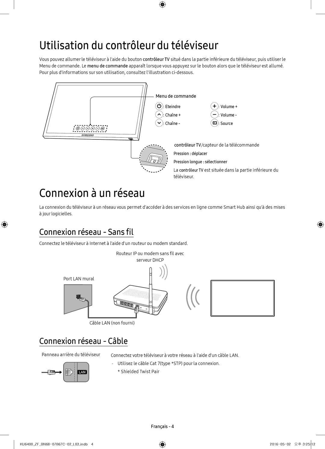 Samsung UE49KU6400UXZG manual Utilisation du contrôleur du téléviseur, Connexion à un réseau, Connexion réseau Sans fil 